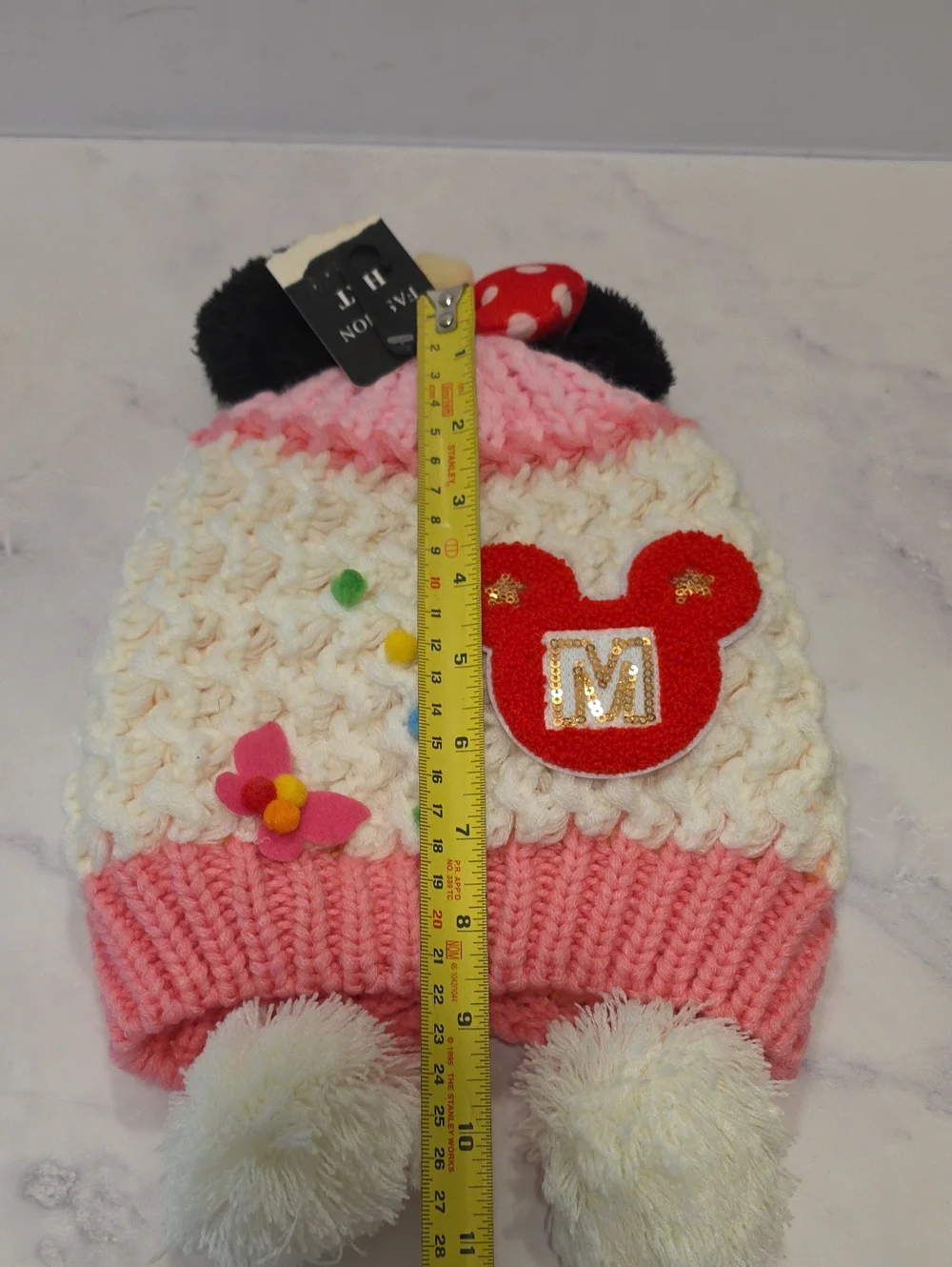 Isabella Kids Pink and White Knit Beanie with Red Mickey Patch Brand New